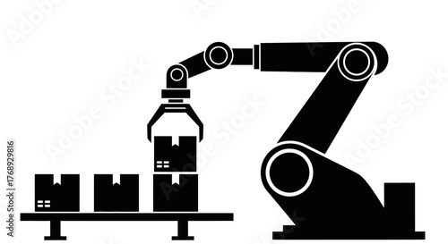 Industrial robotic arm assembling or moving rectangular components on a conveyor