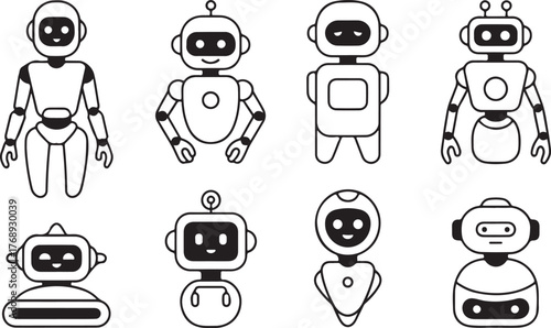 Cute Cartoon Humanoid Robot Outline Vector Icon Set
