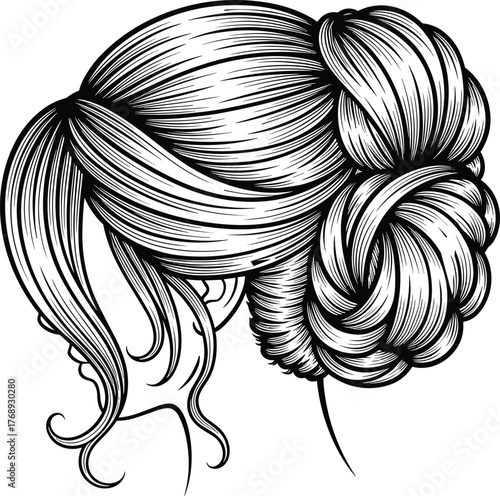 Elegant side view hairstyle, voluminous bun, flowing bangs, black and white hair sketch, fashion beauty art, flat vector illustration