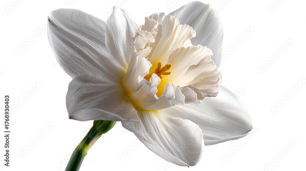 Fototapeta premium Single closeup of a white daffodil flower with yellow center on transparent background