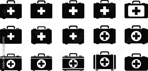 Medical first aid kit icon set, emergency box symbols, healthcare cross sign, black and white style, flat vector illustration