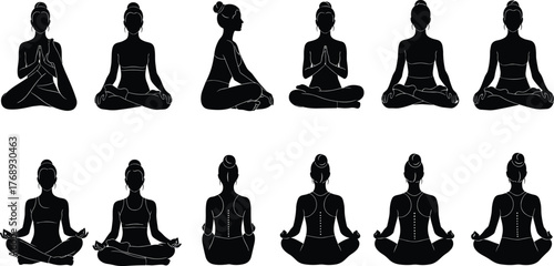 Meditation poses, yoga silhouettes, seated posture, mindfulness practice, spine alignment, wellness concept, calm body, peaceful mind, flat vector illustration