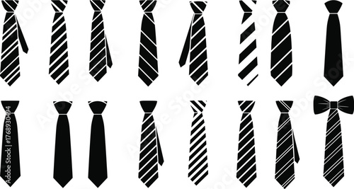 Necktie icon set, black and white tie designs, fashion accessory symbols, formal wear elements, flat vector illustration