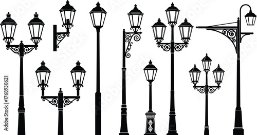 Vintage street lamp collection, ornate pole lights, classical urban design, historical architecture elements, decorative lanterns, flat vector illustration, elegant, retro