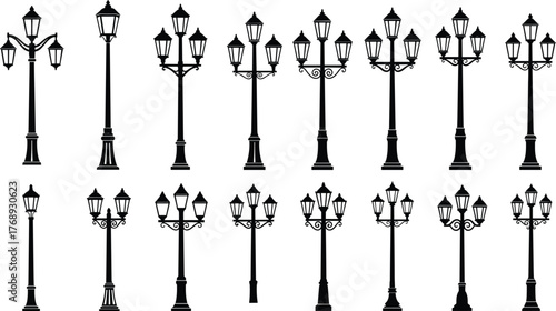 Vintage street lamp collection, ornate urban lighting design, retro lantern post set, decorative city lights, flat vector illustration