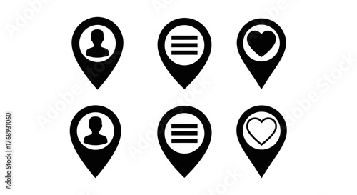 Simple black icons representing user menu and heart location markers