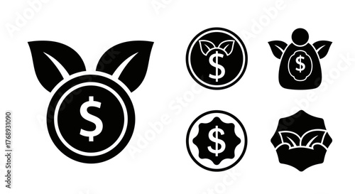 Financial growth and investment icons featuring coins leaves and dollar signs