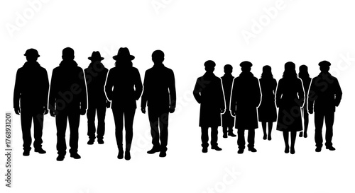 Silhouettes of groups of people standing facing each other in black