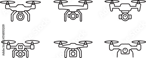 Drone and Quadcopter Icon Set: Modern Line Art Camera Flying Technology Vector