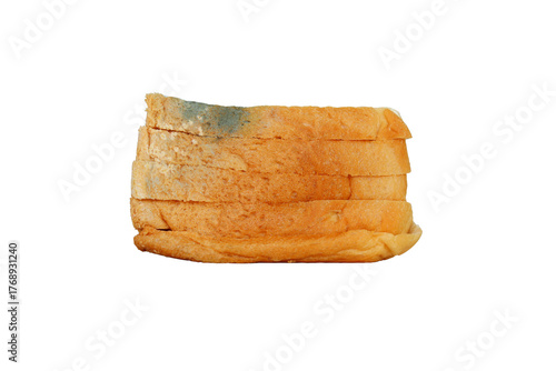Moldy slices of bread on a white background, expired food, spoiled food