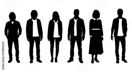 Silhouettes of six people standing in a row facing forward