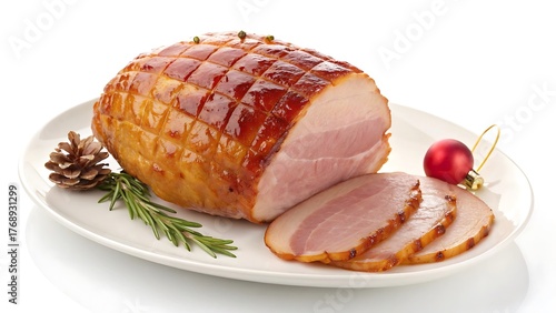 Festive glazed ham sliced and garnished for holiday dining