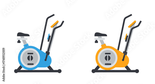 Two exercise bikes in blue and yellow flat vector illustration