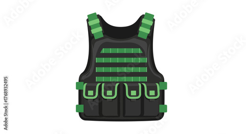 A green and black tactical vest isolated on a white background