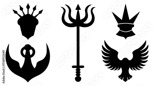 Collection of heraldic symbols including a crown trident eagle and anchor