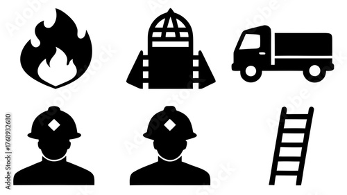 Firefighting icons showing fire engine ladder and firefighter in a simple graphic