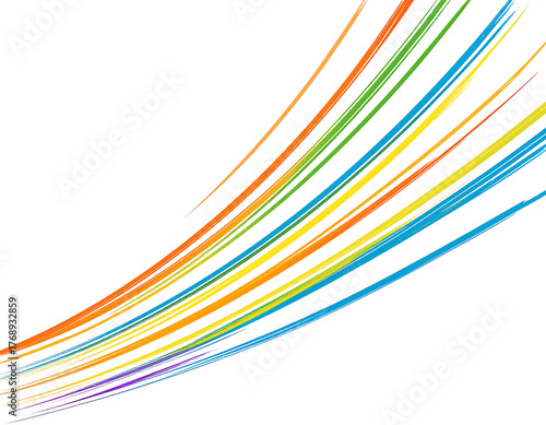 Rainbow curved lines rising from bottom left on black background. Colorful abstract representation, digital artwork