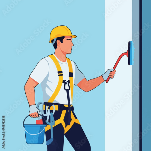 A window cleaner wearing a safety harness and helmet cleans a glass surface with a squeegee, ensuring a spotless and safe work environment.