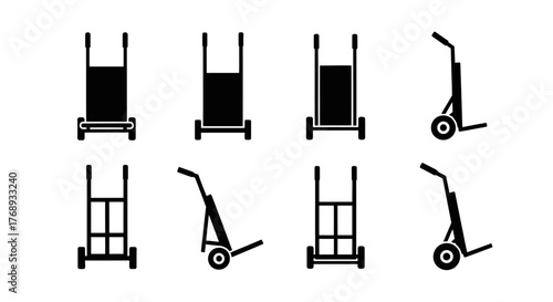 Simple black and white illustrations depicting various hand truck designs