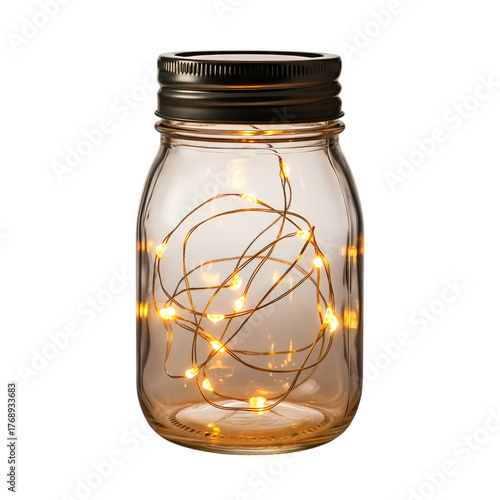 Charming string lights glow beautifully inside a glass mason jar, rustic style