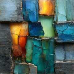 Abstract colorful glass blocks with gray borders creating a textured background design art piece