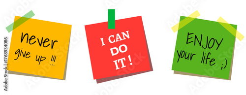Motivational quotes. Quote never give up, i can do it, and enjoy your life. Daily motivational sentences.