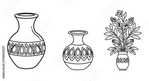 Simple black and white illustration of vases and floral arrangement
