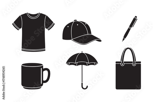 Collection of black silhouette objects including t shirt mug cap umbrella pen and bag isolated on white background