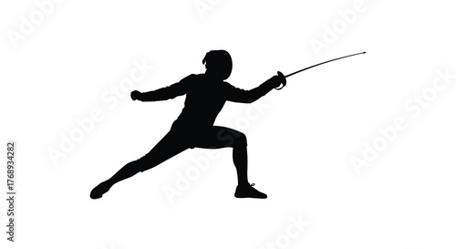Dynamic silhouette of a fencer in action lunging forward with a sword raised in a striking pose