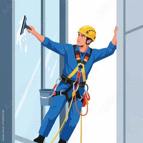A window cleaner, secured by safety equipment, meticulously cleans a skyscraper's exterior, ensuring pristine glass surfaces.