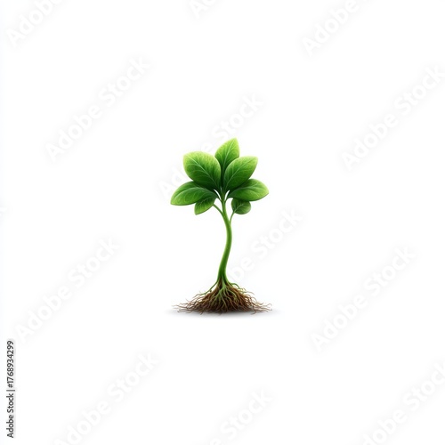 Small green seedling with roots isolated on white background symbolizing growth, new life, sustainability, and environmental care, minimalist nature concept
