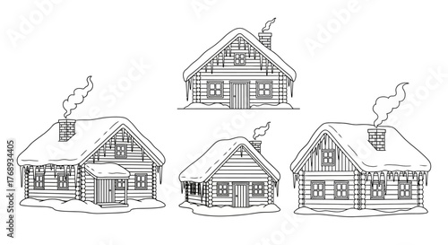 Charming winter cabin sketches showcase cozy homes with smoking chimneys