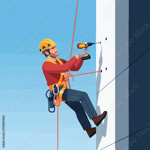 An illustration depicts a construction worker using a drill while suspended by ropes, performing maintenance on a building's exterior.