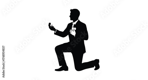 Man in a suit on one knee holding a ring box in a proposal gesture silhouette
