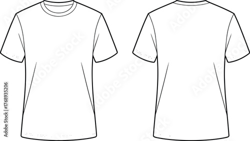 Basic crew neck t-shirt, front and back view, flat fashion sketch, technical CAD drawing, vector template, unisex casual design