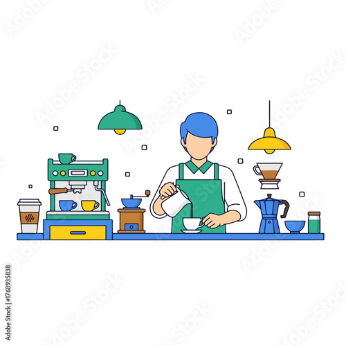 Barista Preparing Coffee Pouring Milk into Cup Behind Counter with Espresso Machine Grinder Moka Pot
