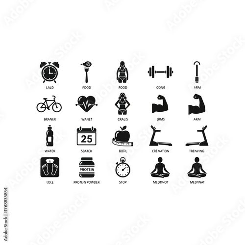 Collection of Fitness and Health Icons Representing Exercise, Nutrition, and Well-being Activities with Labels