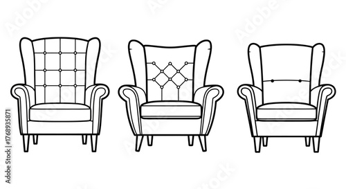 Line art illustration showcasing three distinct styles of wingback armchairs