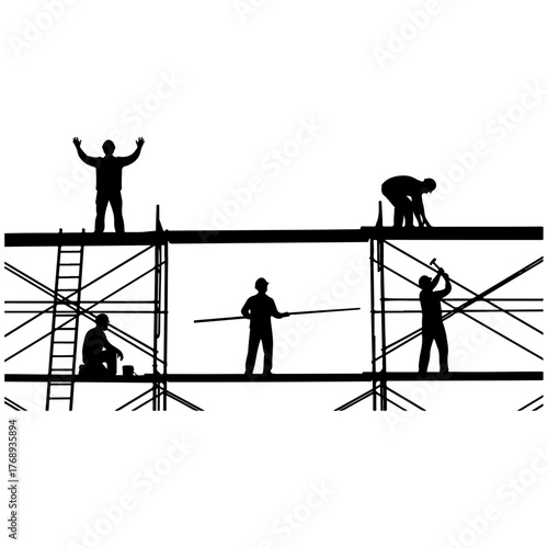 Construction workers silhouettes on scaffolding performing various tasks, demonstrating teamwork and hard labor in industrial setting