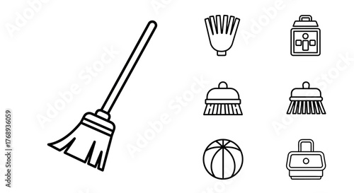 Simple line art icons of cleaning tools and household items displayed