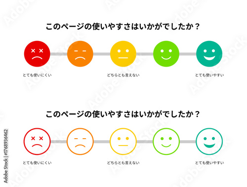 赤・黄・緑のカラフルな表情アイコンで構成された日本語のユーザビリティ評価アンケートデザイン｜赤い不満の顔から緑の満足の顔まで、感情の変化を示す5段階の評価スケール