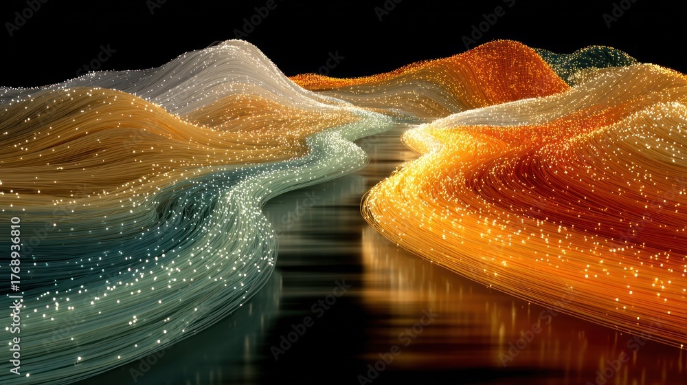 Obraz premium Abstract illustration of flowing light trails and particles creating landscape imagery