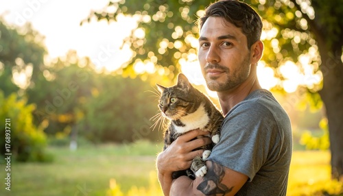 Fototapeta Naklejka Na Ścianę i Meble -  A man gazes at camera while holding a cat in a sunlit park