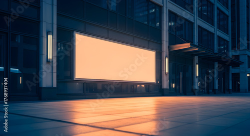 Blank illuminated advertising billboard on a modern building exterior at night.