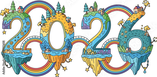 Whimsical new year illustration featuring floating islands shaped like the year two thousand and twenty six