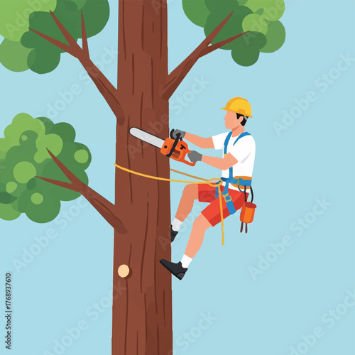 An arborist wearing safety gear uses a chainsaw to trim a tree branch, illustrating tree care and maintenance in a safe environment.