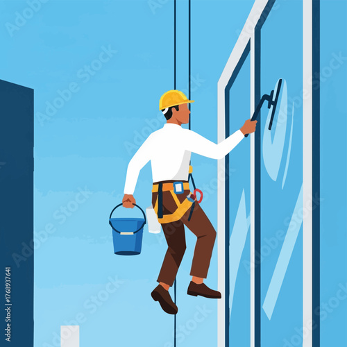 A window cleaner, equipped with safety gear, meticulously cleans a skyscraper's glass exterior, ensuring a pristine view against a clear, blue sky.