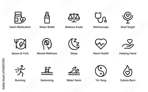 Fitness and active living icons. This collection features running, swimming, workouts, healthy eating, heart care, medication symbols.