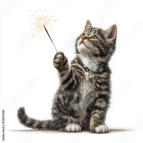 Kitten holding sparkler celebrating Christmas