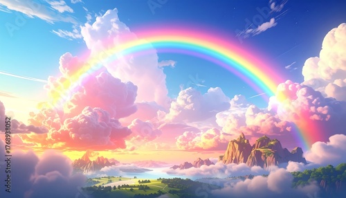 A vibrant sky with a rainbow arching above mountains and puffy clouds